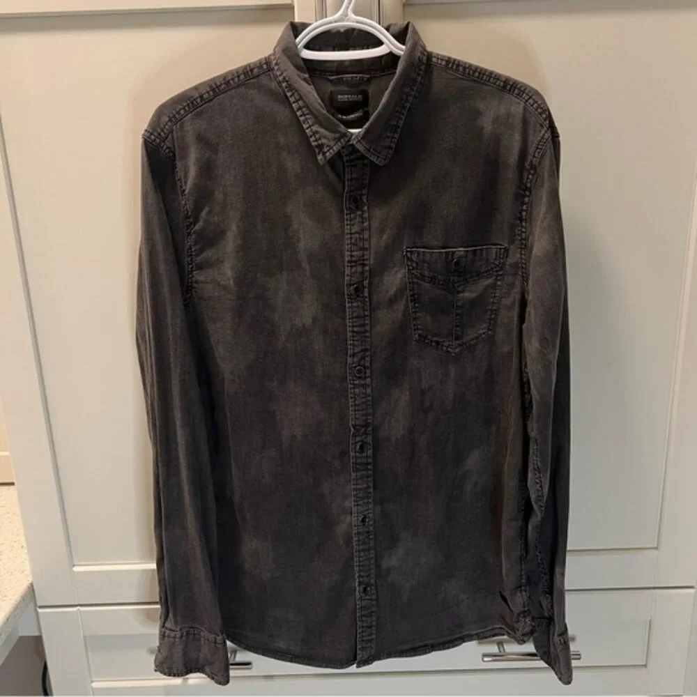 BUFFALO by David Bitton Black Grey Denim Slim Stretch Long Sleeve Shirt Size Med - Picture 1 of 5